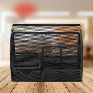 Tempat Pensil & Pena dari Kawat Logam untuk Perlengkapan Kantor, <span class=keywords><strong>Organizer</strong></span> Meja 6 Kompartemen dengan Laci, Hitam - Product Image 3