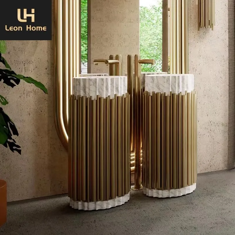 Luxus Design freistehende Spüle Edelstahl Luxus Gold Sockel Waschbecken Marmor Stein Waschbecken für Badezimmer