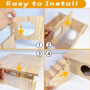 Casa para hámster con escalera y túnel, 20,1x20,1x9,4 cm, madera maciza para mascotas pequeñas, uso en interiores y exteriores - Product Image 4