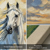 Peinture à l'huile sur toile de coton et lin, peinte à la main, 50x50cm, Cheval blanc au coucher du soleil sur prairie, texture épaisse, art mural pour la décoration de la maison