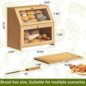 Doppio strato cucina controsoffitto in legno di bambù scatola di pane con porta <span class=keywords><strong>trasparente</strong></span>, fattoria pane contenitore con tagliere - Product Image 6