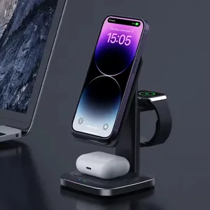 Dual Coil 15w Folding Adjustable Angle 3 In1 3 In 1 Desktop Wireless Charger Stand Holder For Mobile Phone/watch/headset