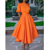Gaun Panjang Kasual Wanita, Sabuk Pinggang Bahu Terbuka Berlipat Oranye