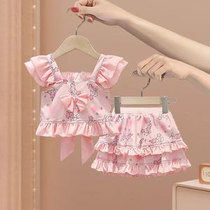 Maillot de bain deux pièces pour filles, imprimé lapin mignon, manches volantées, grand nœud, jupe à volants, maillot de bain d'été pour enfants - Product Image 1