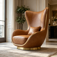 Fauteuil d'appoint pivotant marron à dossier haut avec base en métal doré, fauteuil de salon rembourré résistant à l'usure pour villa, hôtel, hall d'entrée