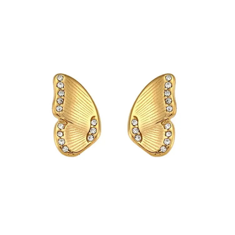 En çok satan kelebek şekilli elmas 18k saf altın takı saplama küpe kadın özel tasarım Wings zirkon kulak aksesuarları