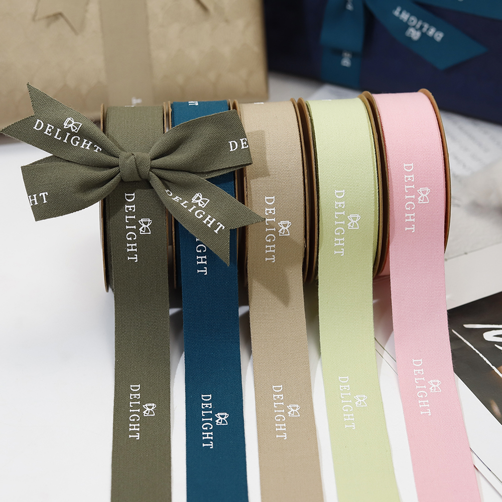Customized 100% Cotton Ribbon Gold Foiled Logo Natural Webbing Packing for Gift Wrapping Custom Printed Branded Gift Wrap