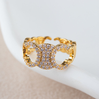 Bague ouverte ajustable en cuivre plaqué or avec micro-pavé de zircon étincelant et double C creuse, bijou de tous les jours