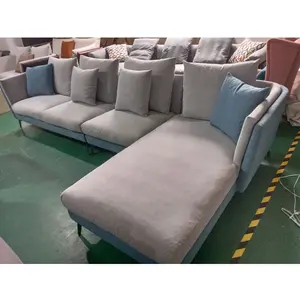 Foshan fabrika doğrudan tedarik İtalyan tarzı açık gri ve gök mavisi dört kişilik kadife L şekli kanepe ev oturma odası