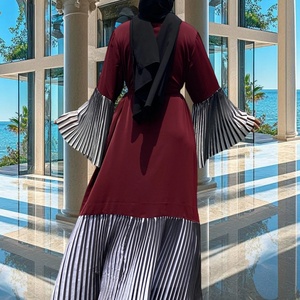Abaya Modeste en Tissu Nida avec Empiècements en Chiffon Rayé, Manches Amples, Cardigan Musulman Islamique Printemps-Été 1889 # - Product Image 3
