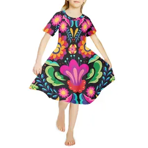 Factory Outlet Summer Girl Dresses Vintage Mexico Flower Art Kids Dress Print On Demand Custom Children's Party Knee-length Dres