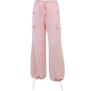 100% Polyester Pink Loose Oversized Drawstring High Street Wear Women Clothing Aerobic Joggers Sweatpants Cargo Pants Trousers