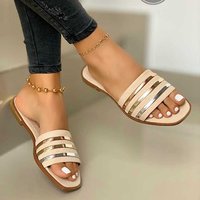Sandal Wanita Desain Baru Nyaman untuk Musim Panas, Model Persegi dengan Pola Garis-Garis