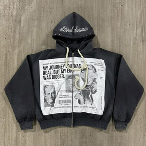 Streetwear personnalisé surdimensionné Vintage acide lavage strass survêtement hommes pantalons de survêtement évasés et fermeture éclair à capuche ensemble 2 pièces pour hommes - Product Image 2