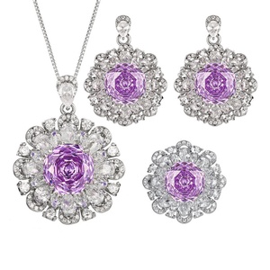 Fashion Jewelry Eco-friendly Copper 12-10mm Purple Zircon Jewelry Flowers Design Necklace <b>Set</b> for Women Romantic Bridal Style - Product Image 1