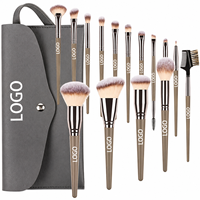 Set de 15 Brochas de Maquillaje Marrón y Negro con Cerdas Veganas Sintéticas, Kit de Brochas Cosméticas con Bolsa para Maquillaje de Rostro y Ojos, OEM