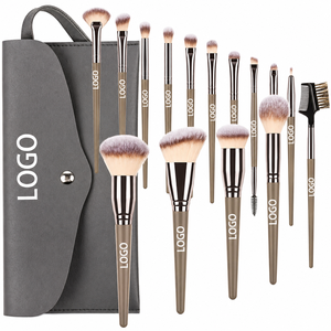 Set de 15 Brochas de Maquillaje Marrón y Negro con Cerdas Veganas Sintéticas, Kit de Brochas Cosméticas con Bolsa para Maquillaje de Rostro y Ojos, OEM - Product Image 1