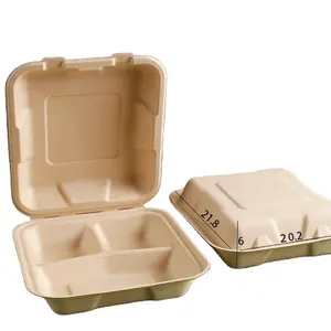 8-inch Natural Color 3 Grid Lock Box Disposable Pulp Lunch Box 1 Piece Takeout Packaging Box Degradable Bento Box