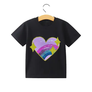 Enfants Garçons Filles T-<span class=keywords><strong>shirt</strong></span> uni avec patch à paillettes T-<span class=keywords><strong>shirt</strong></span> en coton de couleur unie pour enfants - Product Image 3