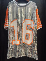 Écusson personnalisé pour le jour du match de football, baseball, t-shirt à paillettes pour femme, fabricant de robes, maillot perlé étincelant et décontracté numéro 16