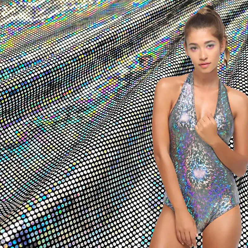 Hot sale shiny glitter foil Hologram nylon spandex fabric for dance wear Performance dress bikini swimwear