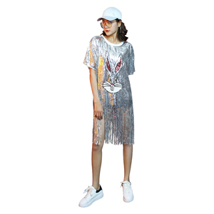 Sequined T Shirt Fashion Hip Hop Half <strong>Sleeve</strong> Cute Rabbit Women <strong>Silver</strong> <strong>Sequin</strong> Tassel <strong>Tops</strong> - Product Image 6
