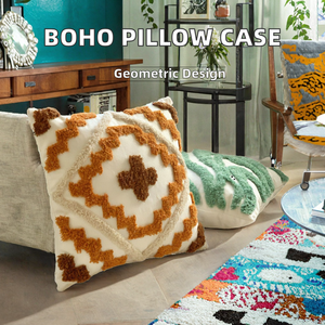 Housse de coussin carrée brodée en toile, style bohème, tuftée en usine, faite à la main, à motifs géométriques, avec pompons à lignes épaisses, pour le marché international - Product Image 3
