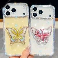 Coque de téléphone portable transparente de luxe avec support papillon scintillant pour iPhone 17 Air 16 15 14 Pro Max, support diamant, protection antichoc PC TPU