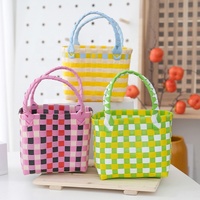 Petit sac à main coloré en plastique tricoté tissé à la main sac fourre-tout panier de rangement de camping tressé en PP avec poignées