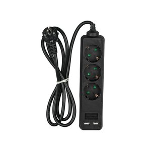 Black Power Strip 2 USB Ports 3 Schuko Sockets 10A 1.5m <b>Long</b> Cable 3x1.5mmq SKU-8776 15A Rated <b>Extension</b> <b>Cord</b> for Wi-Fi Network - Product Image 2