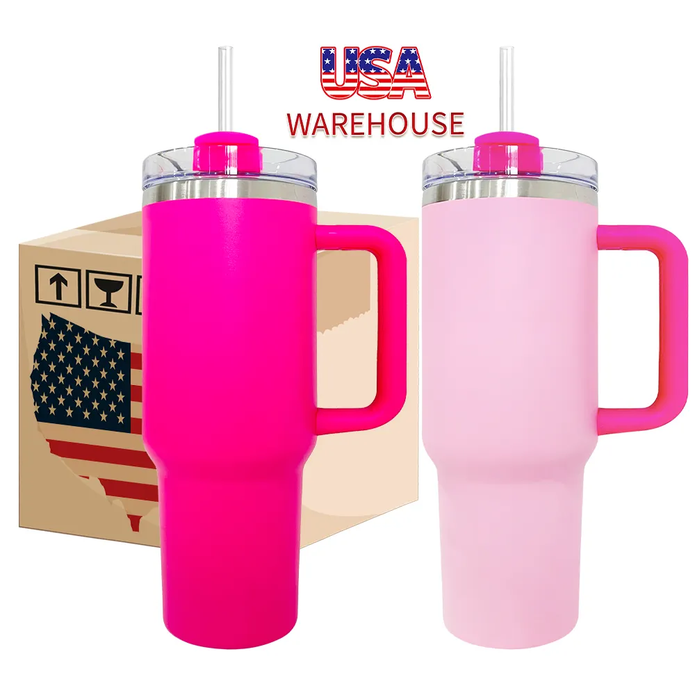 EUA Armazém Quencher Em Pó Revestido A Laser Gravação Etch Flamingo Rosa Quente Flamingo 40oz Quencher Travel Tumblers