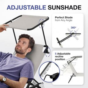 Chaise longue d'extérieur pliante portable et réglable à 5 positions avec auvent, capacité 150 kg, pour bronzage, pelouse et patio - Product Image 5
