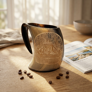 Mug en corne de bœuf sculpté à la main, design solide, idéal pour les fêtes et la randonnée, base en bois style guerrier nordique, personnalisation gratuite - Product Image 1