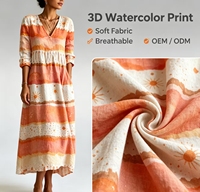Robe midi bohème pour femme, col en V, manches longues, imprimé floral orange et blanc, avec pompons, coupe ample de haute qualité