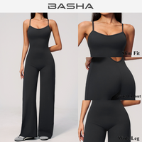 Combinaison de yoga BASHAsports à bretelles spaghetti et dos croisé, jambe large, en nylon brossé et élasthanne, style body cousu
