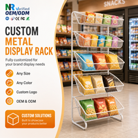 Étagère de présentation de snacks sur pied en métal avec revêtement en poudre personnalisé et paniers en fil métallique à plusieurs niveaux pour magasin de détail