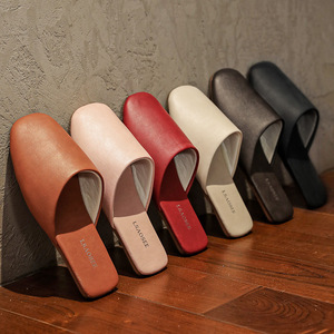 High End Minimalist Italian Style Closed Toe Matte Leather <b>Slippers</b> Couple Non Slip Household Shoes - Product Image 1