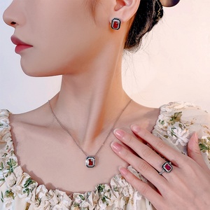 Toderi Brand 6*8-5*7mm Red Zircon Square Minimalist <b>Set</b> Eco-friendly Copper Vintage Jewelry <b>Sets</b> Hypoallergenic 14K Gold Plated - Product Image 6