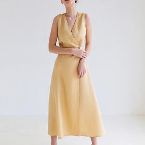 ชุดเดรสผ้าลินิน 100% แขนกุด คอวี เอวสูง ความยาวปานกลางสำหรับผู้หญิง - Product Image 3