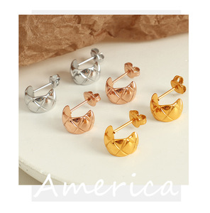 Wholesale High Quality 18K Gold Plated Stainless Steel Diamond Lattice Grain C Shape Hoop <b>Stud</b> Earrings for Women - Product Image 5