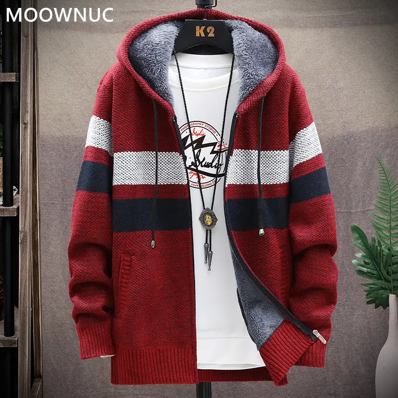 2021 Autumn New Hooded Men's Sweater Thickened Plus Velvet Men's Slim Cardigan Knitted Sweater Patchwork Jacket Male