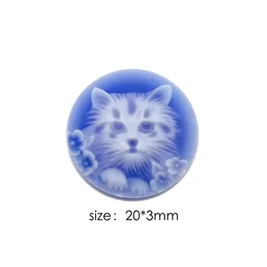 顶级品质圆形20毫米天然正品蓝玛瑙雕刻动物猫小猫宽松浮雕胸针项链吊坠戒指制作