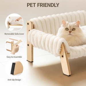 Lit pour animaux de compagnie sur mesure pour chats d'intérieur, lits surélevés en bois, en peluche avec matelas amovible - Product Image 4