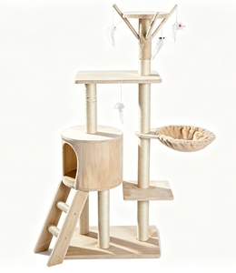 Arbre à chat multi-niveaux en bois massif avec condo, échelle, hamac, poteaux à gratter en sisal, jouets suspendus en plumes, grande activité pour chat - Product Image 2