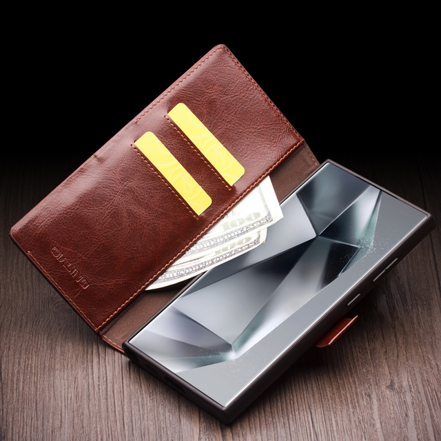 2024 QIALINO Hotsale Luxury Handmade Genuine Leather Mobile Phone Wallet Case for Samsung S24 ultra Magnetic Closure