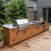 Meubles de cuisine extérieurs modulaires personnalisés en acier inoxydable linéaire couleur cuivre brun, conçus pour l'arrière-cour avec barbecue à gaz et évier