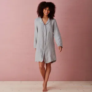 ชุดนอนผ้าลินินธรรมชาติสไตล์ฝรั่งเศสสำหรับผู้หญิงชุดนอนผ้าลินินแท้ปักขนาดงานตามสั่ง