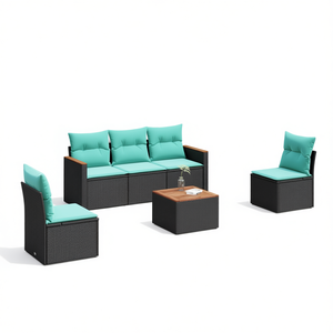 6 Piece Black Poly <b>Rattan</b> Garden <b>Sofa</b> Set With Cushions Outdoor Furniture Contemporary Design - Product Image 1