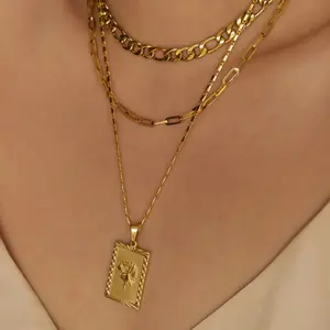 Accessories Jewelry 18k Gold Plated Stainless Steel Square Rose Pendant Necklace For Women