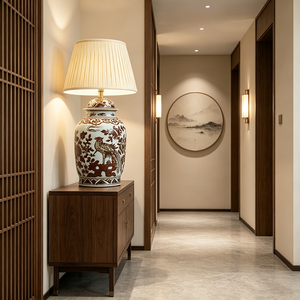 Lampada da Tavolo Tradizionale Asiatica Oversize 84cm, Corpo in Ceramica <span class=keywords><strong>Marrone</strong></span> con Fenice e Fiori, <span class=keywords><strong>Paralume</strong></span> Plissettato per Lobby e Hotel - Product Image 4